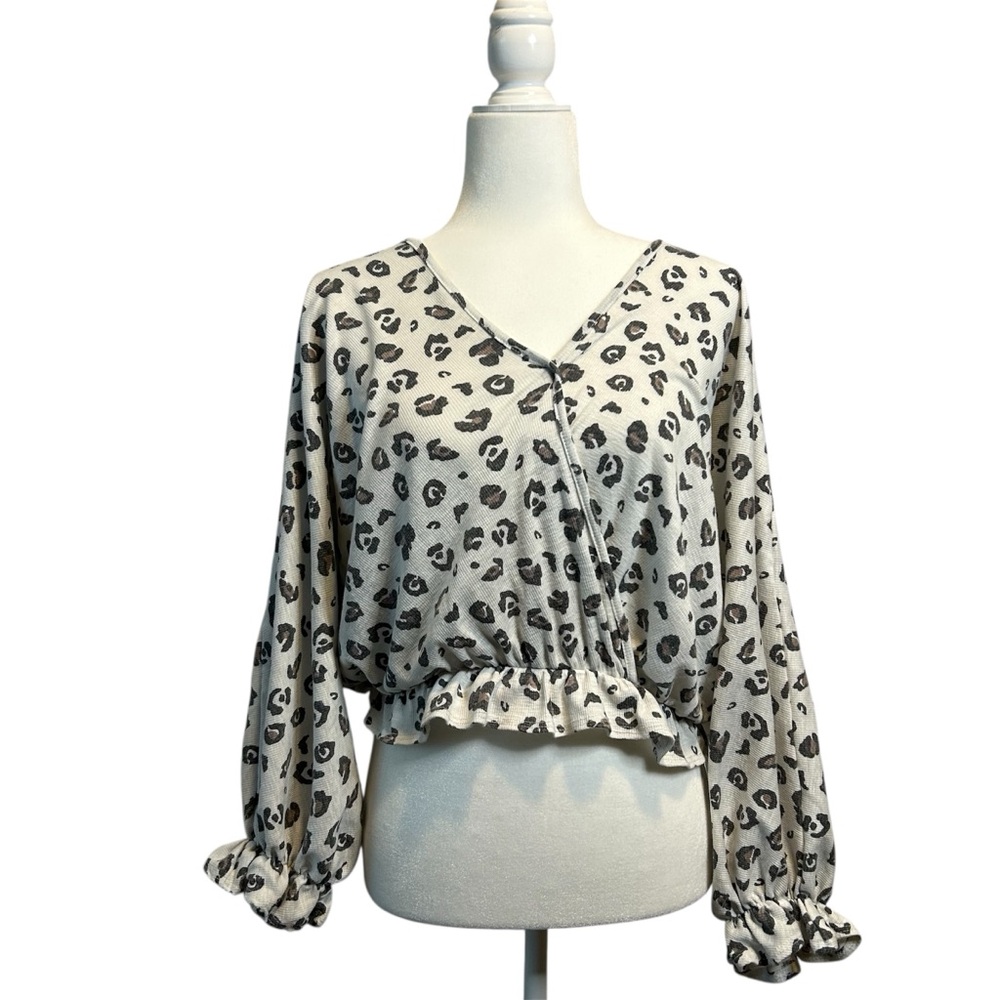 Leopard Print Long Sleeve Top, Ruffle, Entero, L